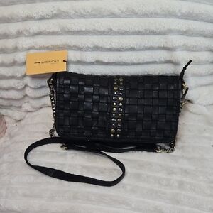 Marta Ponti Leather Black Woven Crossbody Bag
